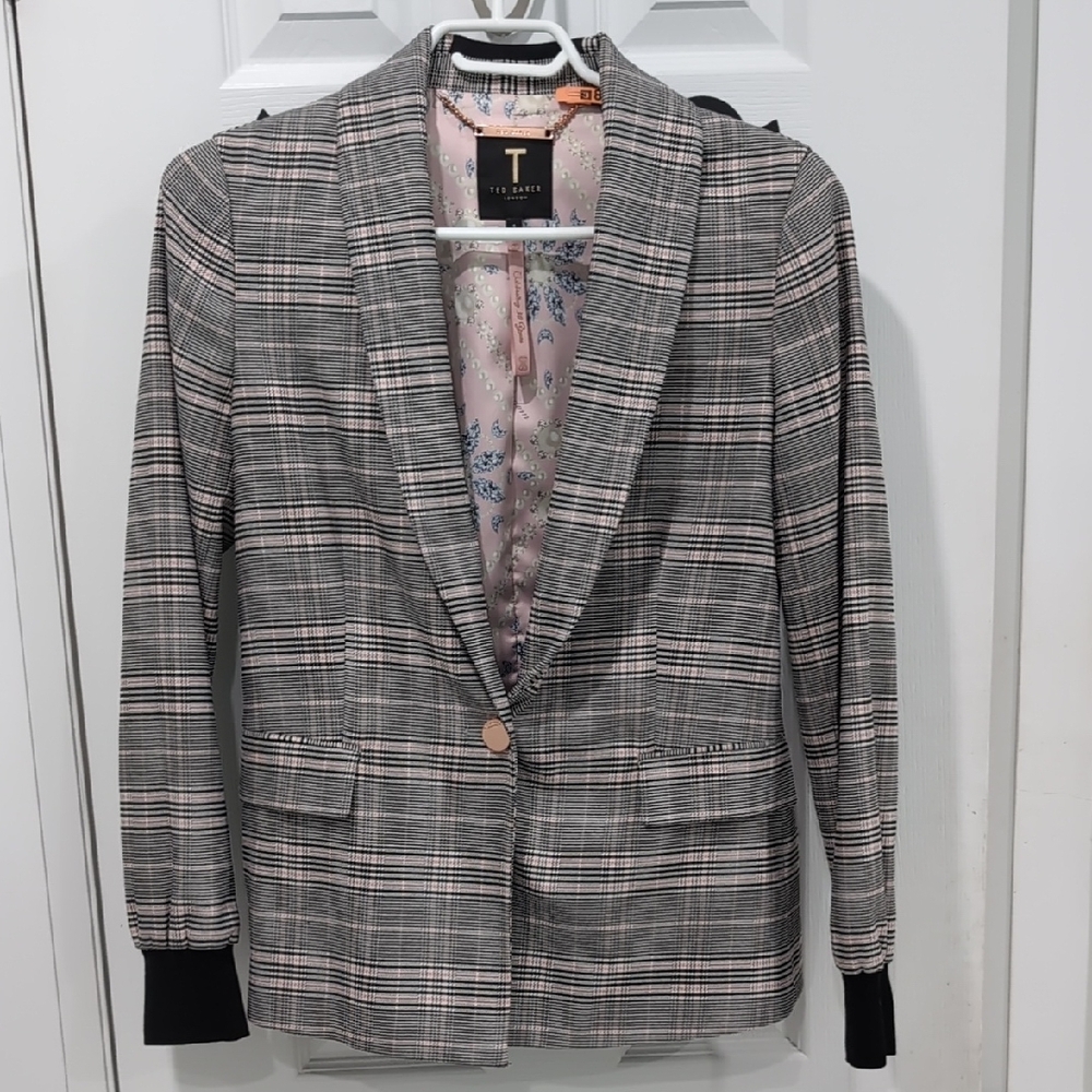 Ted Baker Charcoal Plaid Suit Jacket with Notched Lapel